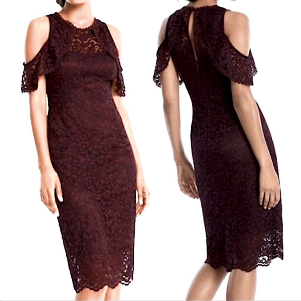 WHBM Cabernet lace cold shoulder dress